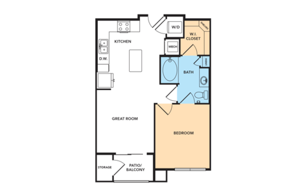 A1 - 1 bedroom floorplan layout with 1 bathroom and 642 square feet