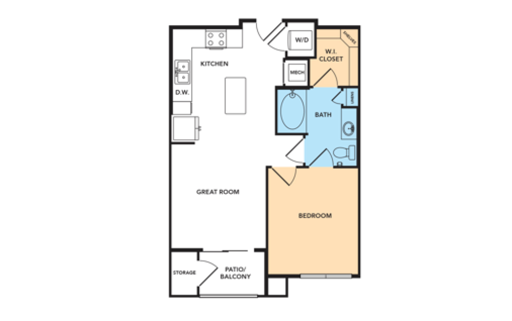 A1a - 1 bedroom floorplan layout with 1 bathroom and 642 square feet