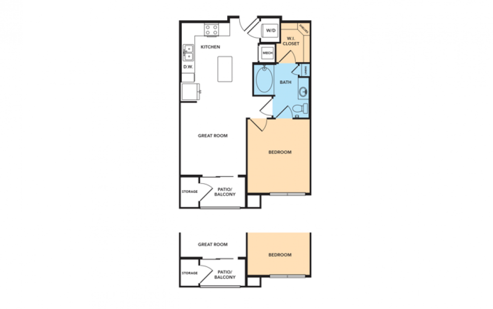 A1a - 1 bedroom floorplan layout with 1 bath and 642 square feet.