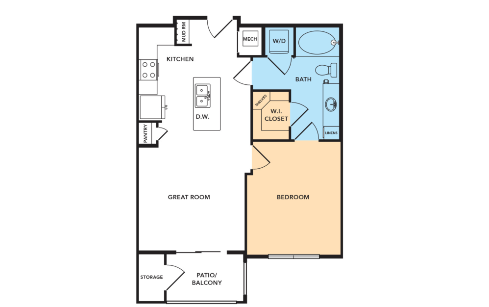 A2 - 1 bedroom floorplan layout with 1 bathroom and 683 square feet