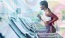 lifestyle image of a woman running on a treadmill with a colorful overlay