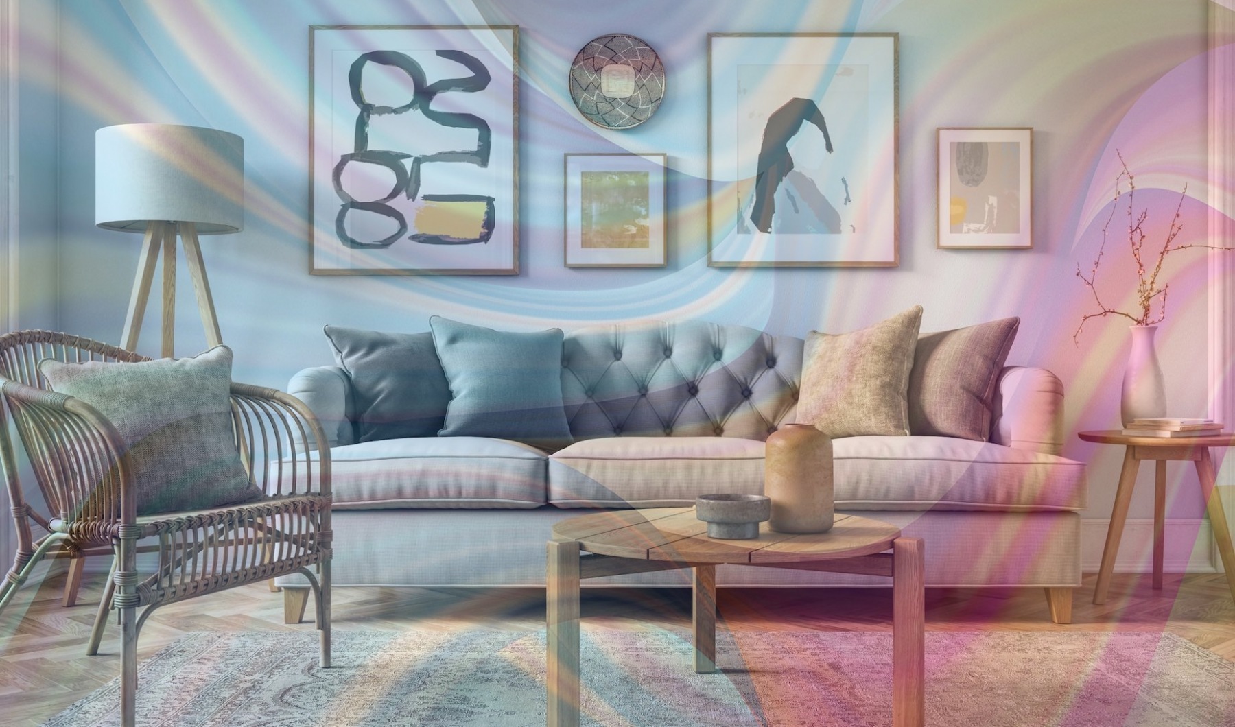 wide view of living room with colorful overlays
